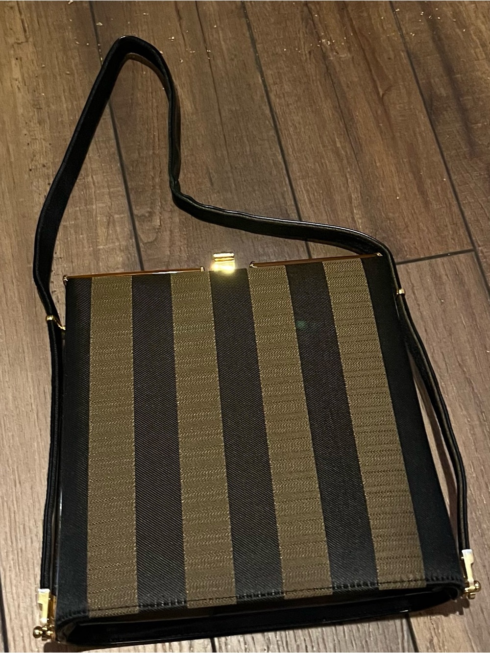 Striped Black and Olive Women’s Shoulder Bag with Gold Trim